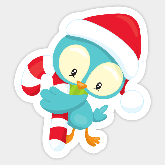 Christmas Bird, Cute Bird, Santa Hat, Candy Cane Sticker by Jelena Dunčević